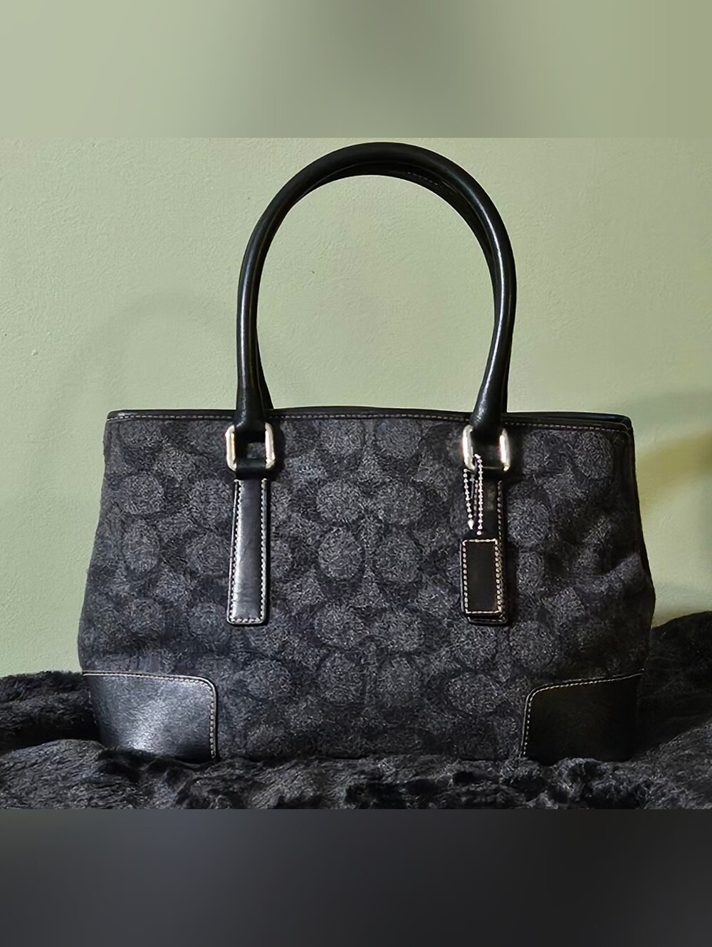 Coach- Charcoal Signature Hamptons Wool Tote w/ Leather Trim